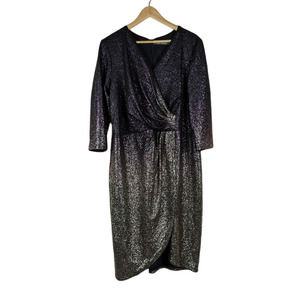Julia Jordan Dress XL Black Silver Ombre Surplice Neck Pleated Sparkle Cocktail
